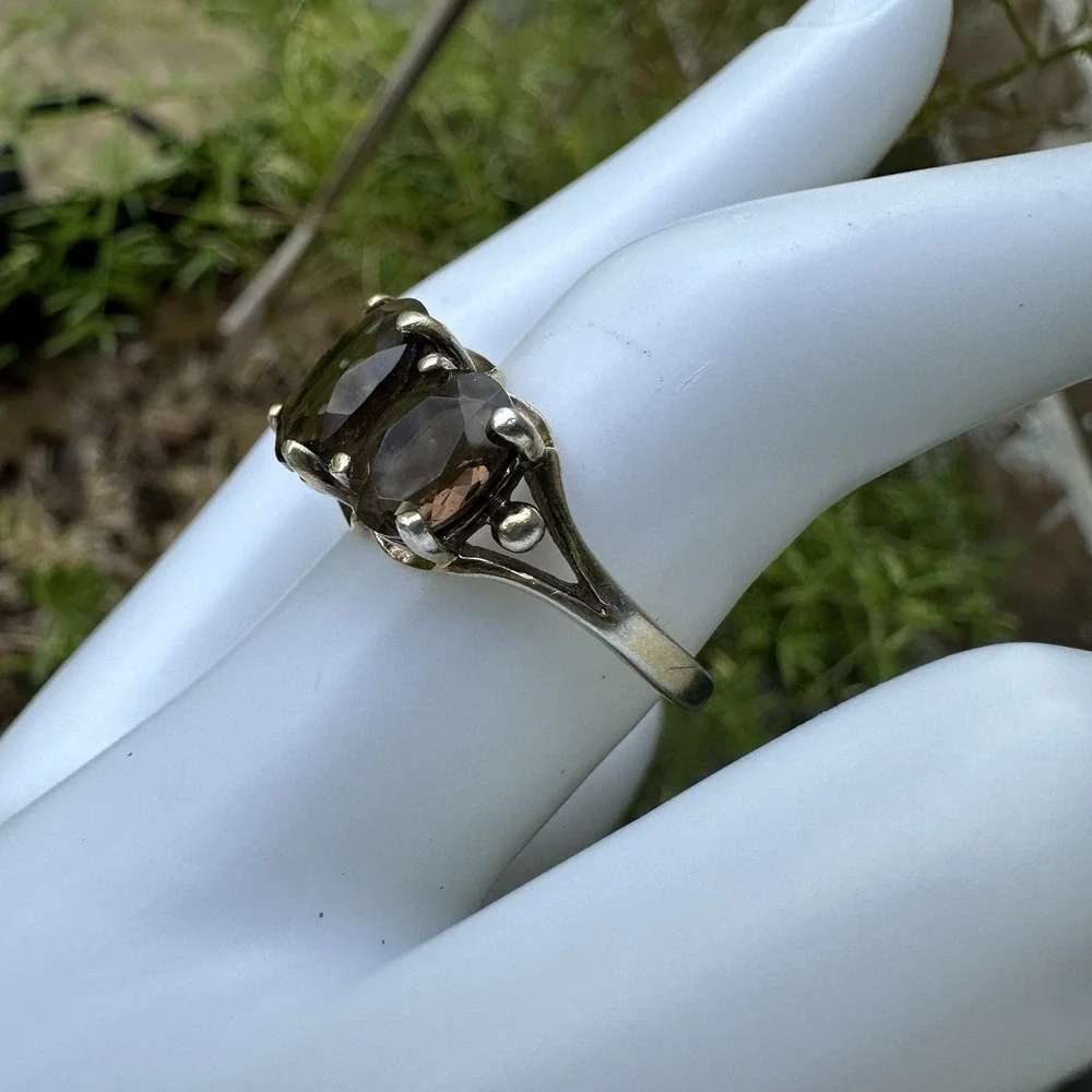 SETA  Accent Ring Size‎ 8 Triple Smoky Quartz Gems Gold Plated 925 Sterling 4.4g